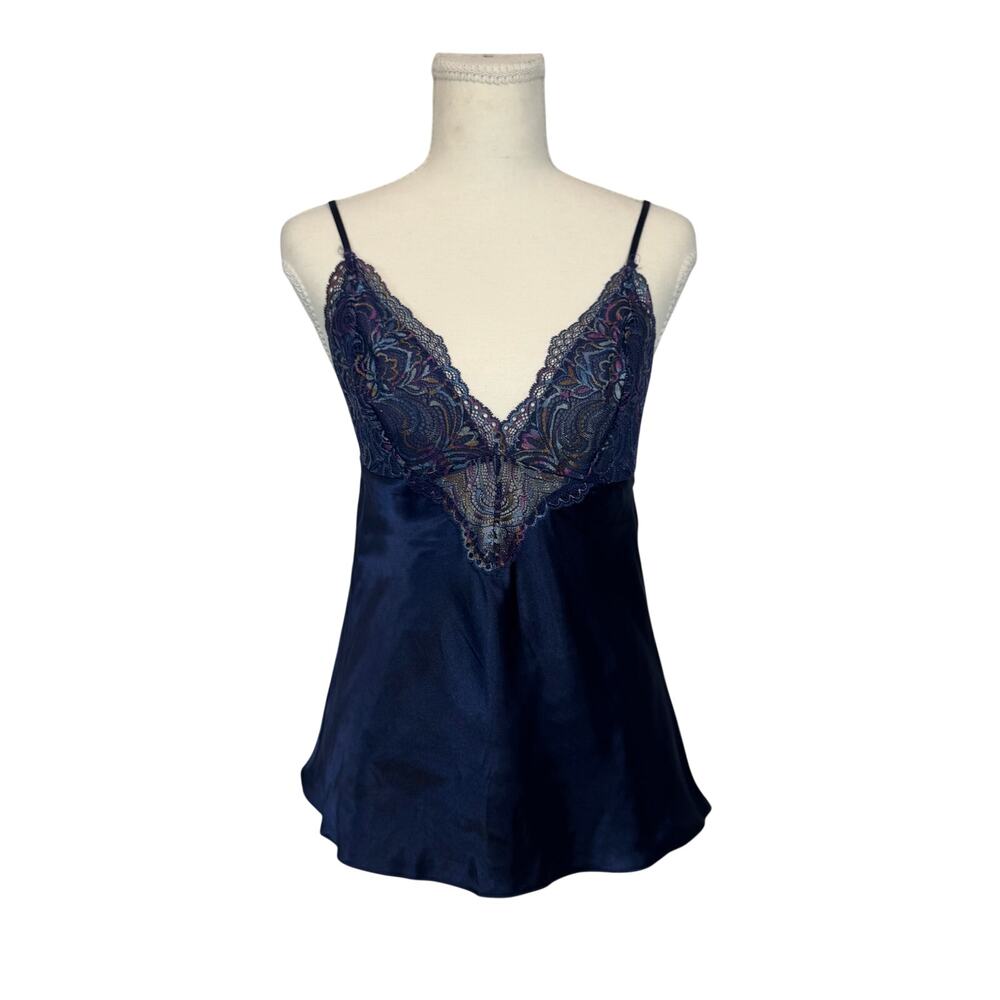 Y2K Satin Lace Babydoll Camisole Navy Lingerie Style Coquette Going Out Top Vtg